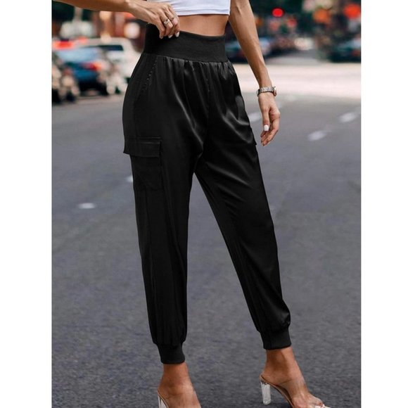 Luxe Look Satin Pocketed High Waist Joggers - Black - Picture 12 of 12